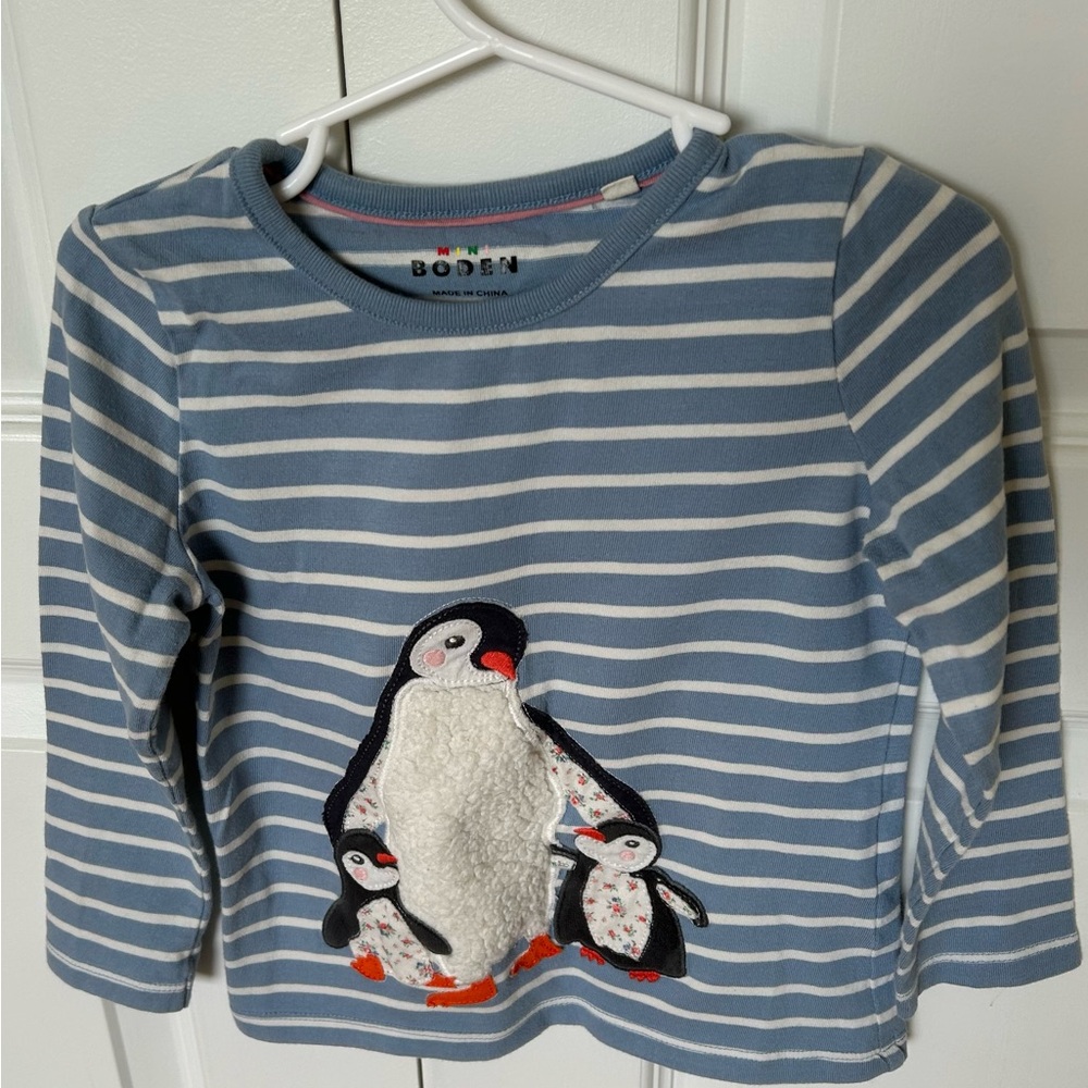 Boden Blue Long Sleeve Tee with Penguin Appliqué